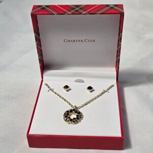 Charter Club Gold Tone Christmas Wreath Necklace & Earrings Red & Green Stones